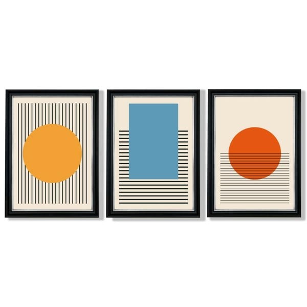 Set of 3 Geometric Yellow Blue Red Framed Art Prints with Vermeer Black and Silver Frames