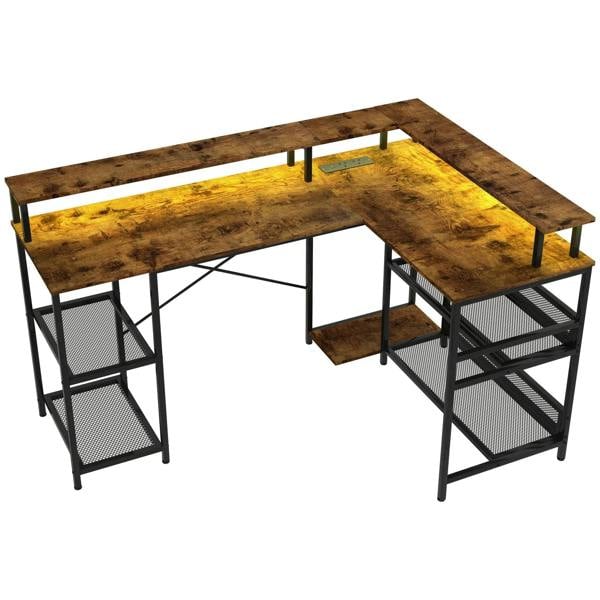 Rustic brown L-shaped LED computer desk with open shelves and black metal supports