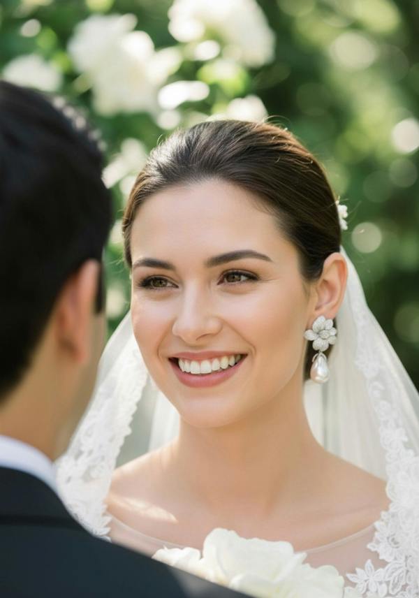 Woman in a wedding dress smiling at a man outdoors wearing silver floral pearl drop earrings