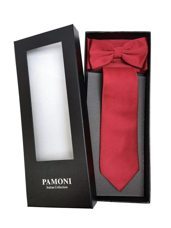PAMONI burgundy tie and bow tie set featuring a classic silk fabric, displayed on a neutral background.