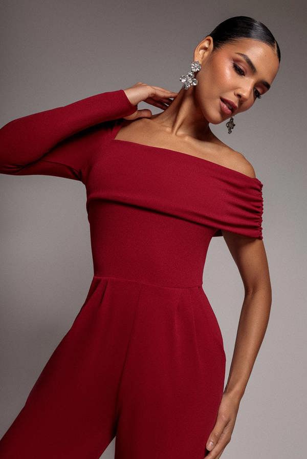 One Shoulder Scuba Jumpsuit - Wine TR375