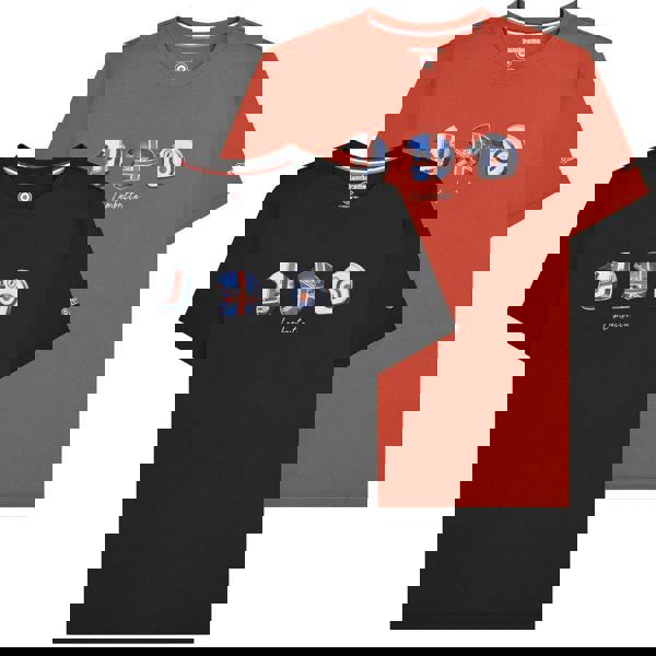 Lambretta Mens Scooter Helmet Graphic Mod Ska Casual T-Shirts, Black and Red T-shirts with scooter helmet designs and Lambretta logo.