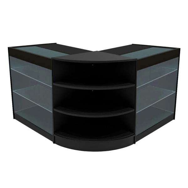 Black Apollo LED shop counter set with two glass display shelves and sleek curved design, ideal for retail environments