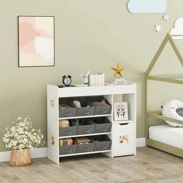 Bobobiy Kids Toy Storage, 9 Removable Fabric Bins, Wooden Toy Storage Units for Toys and Books for Bedroom, Nursery, White