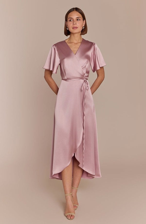 Rewritten London Florence Waterfall Dress in Rose Pink Satin