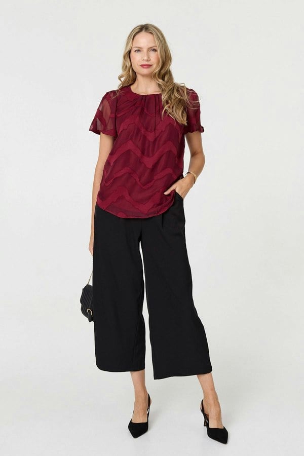 Burgundy | Chevron Print Layered Ruched Blouse
