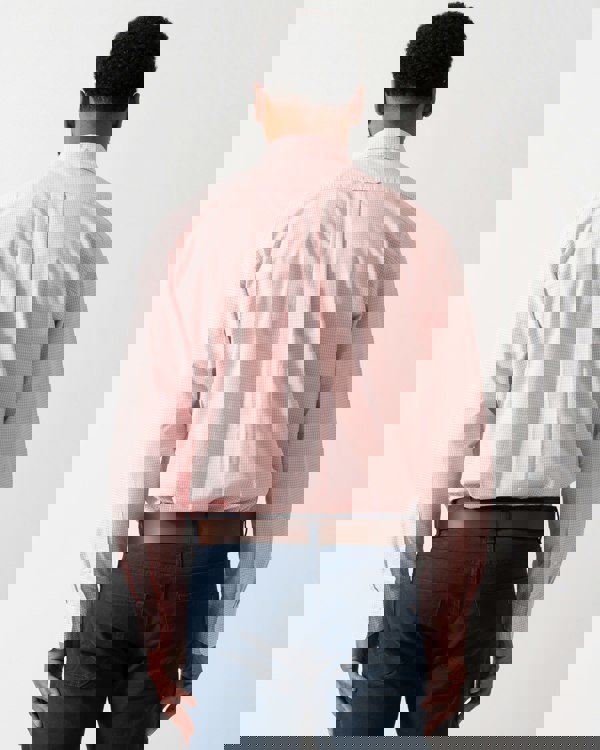back shot of a Model wearing a GANT Mens Regular Fit Classic Poplin Gingham Shirt in Washed Pink