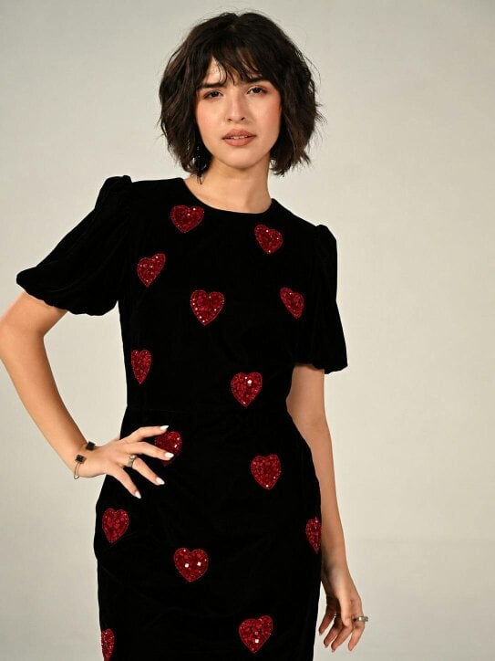 Rose & Nancy Rosheen Black Velevt Hand Embellished Heart Mini Dress