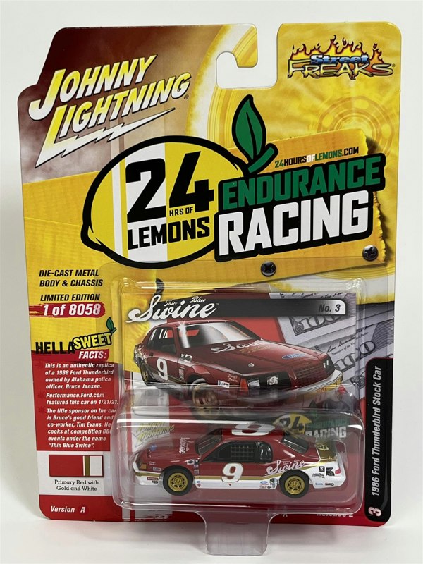 Johnny Lightning 1986 Ford Thunderbird Stock Car Primary Red with Gold and White 1:64 Scale JLSF024A