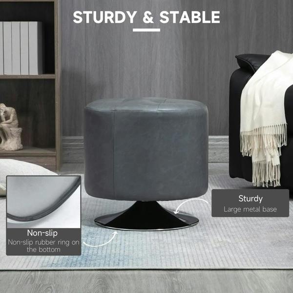 Grey round PU ottoman footstool with large metal base and non-slip rubber ring