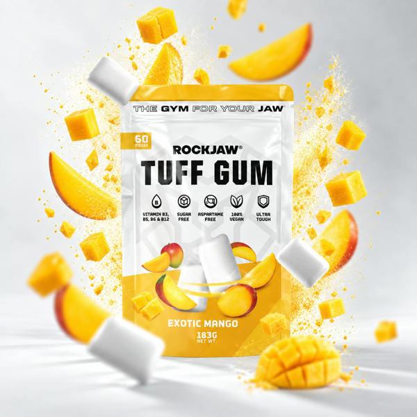 ROCKJAW Tuff Gum 2.0 (Stim-Free) + B Vitamins | Premium Ultra-Tough Jaw Gum - Exotic Mango - 2 Month Supply