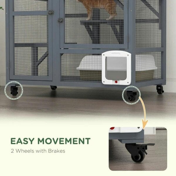 Cat House, Wooden Indoor Catio Cat Enclosure on Wheels, Wooden Kitty Cage with Platforms, Hammock, Light Grey