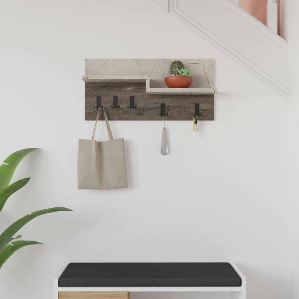 Decortie Harmon Modern Wall Mounted Coat Hanger with Open Shelf 5 Metal Hooks