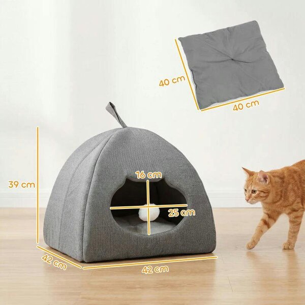 Cat Cave Bed for Indoor Kittens, Cat House with Removable Cushion and Teaser Ball, Kitty Igloo with Anti-Slip Base, 42 x 42 x 39 cm, Grey