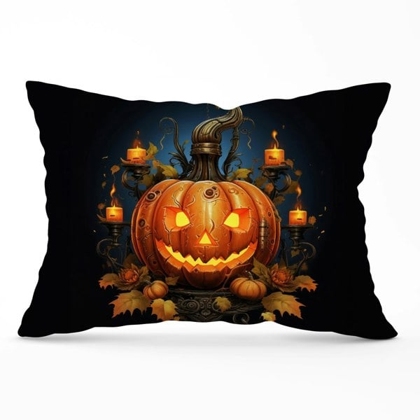 Warren Reed Spooy Pumpkin With Leaves And Small Candles Cushions