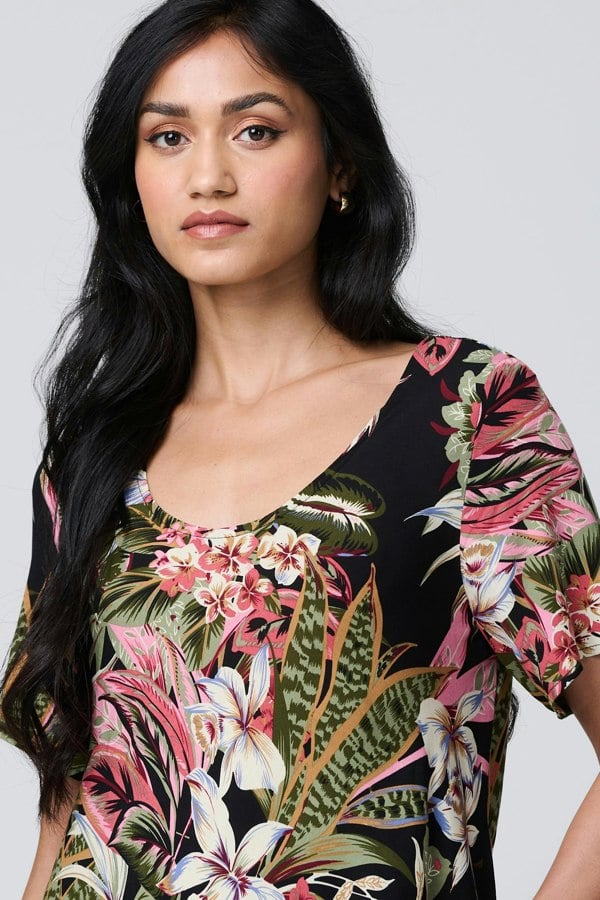 Black | Tropical Print 1/2 Sleeve Maxi Dress