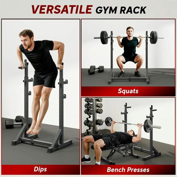 Versatile gym weight rack with dip and bench press compatible steel frame and J-hooks
