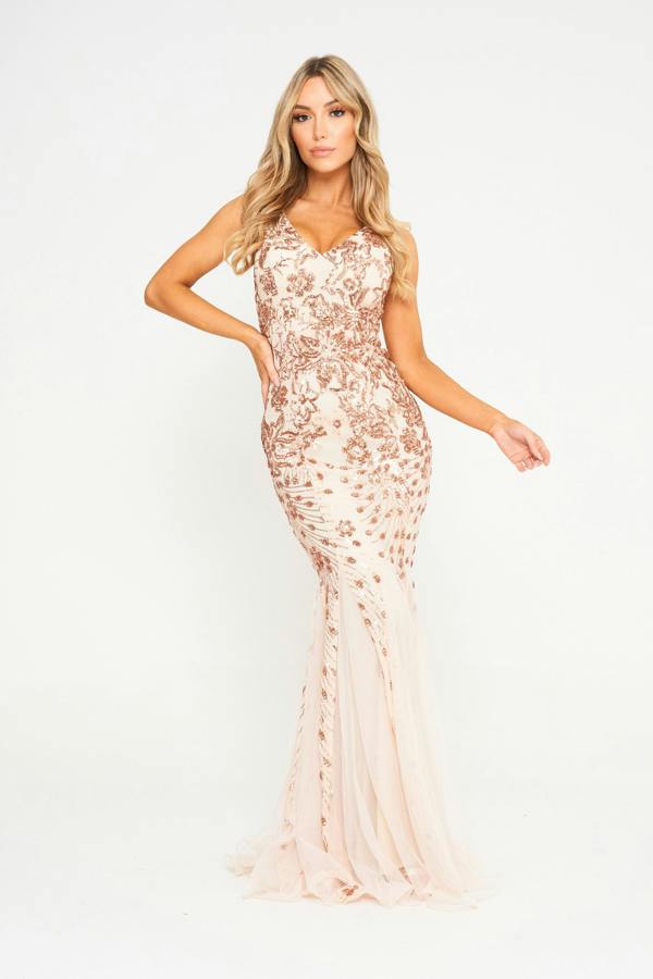 LuvForever Ember - Champagne Mesh Sequin Maxi Dress