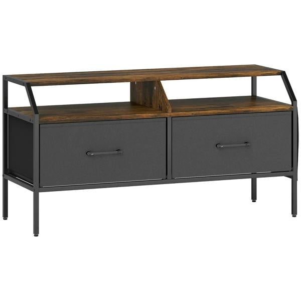 Industrial TV stand cabinet in rustic brown with two drawers, open shelf, metal legs.