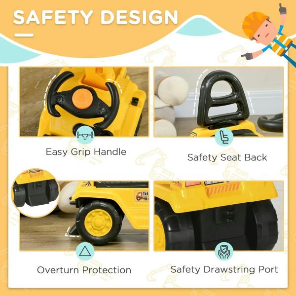 Yellow ride-on excavator tractor pull cart with safety seat back and easy-grip handle