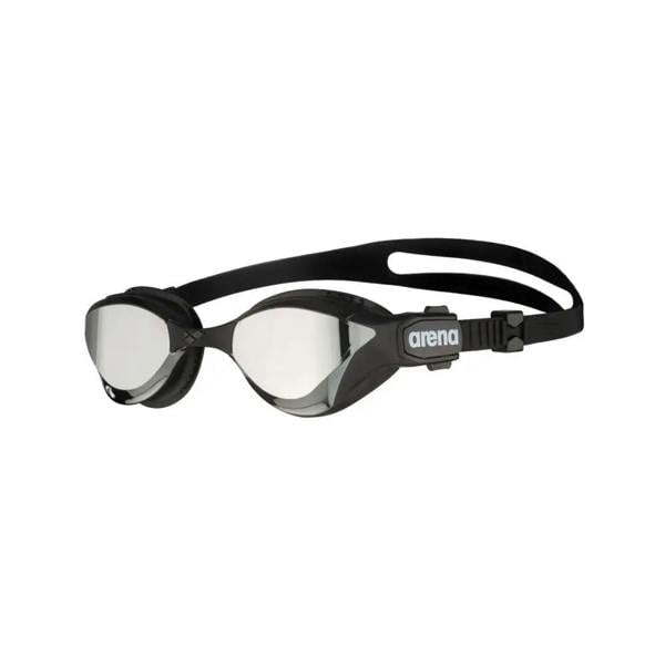 Arena Cobra Tri Swipe Mirror Goggles in black and silver with mirrored lenses