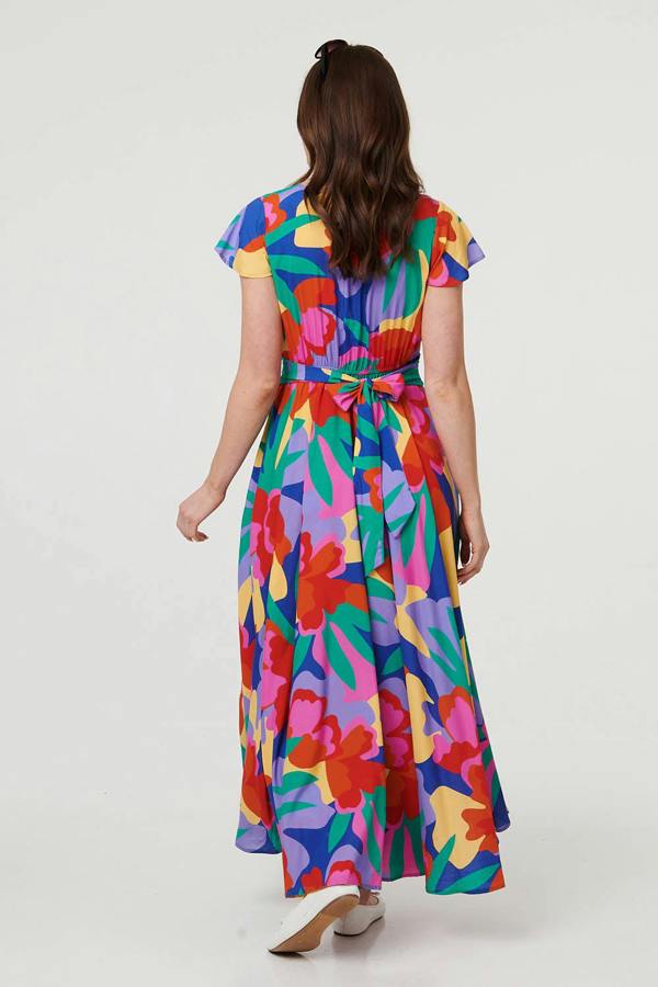 Blue | Abstract Floral Tie Ruched Maxi Dress