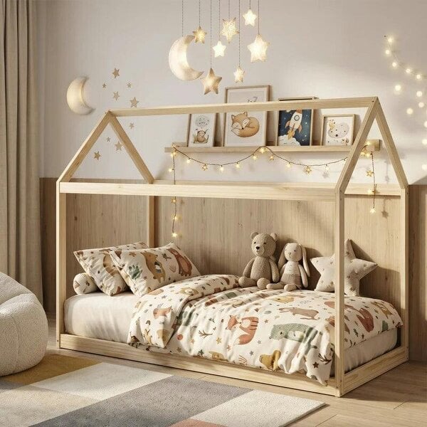 Single Bed Frame, House Scandinavian Wooden Bed Frame for 90W x 190Dcm Mattress, Pine Wood Bed Base, Natural Wood Finish - Natural wood finish