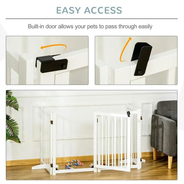 White indoor pet gate with built-in door latch on vertical bar panels