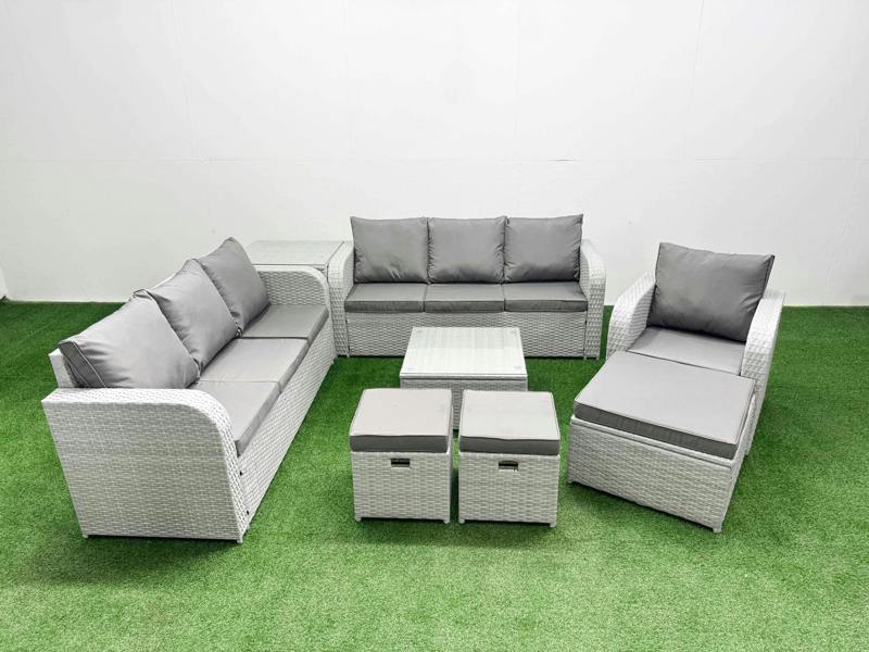 Fimous 10 Seater Outdoor Set, Poly Rattan, Square Coffee Table, 3 Seater Sofa, Reclining Chair, 3 Seater Sofa, 3 Stools and Side Table, Light Grey