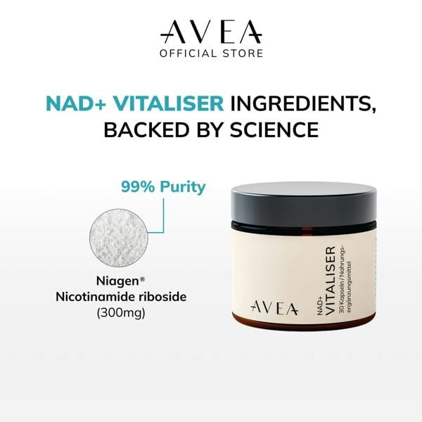 AVEA NAD+ Vitaliser Supplement (30 capsules) | Swiss Quality | 99% Purity | NAD+ supplement, Nicotinamide, NR