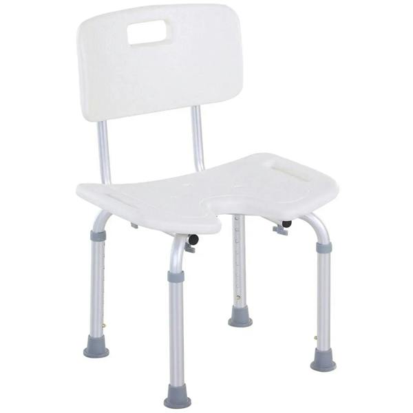 White bath stool chair with contoured seat, backrest, and silver aluminum legs with rubber feet