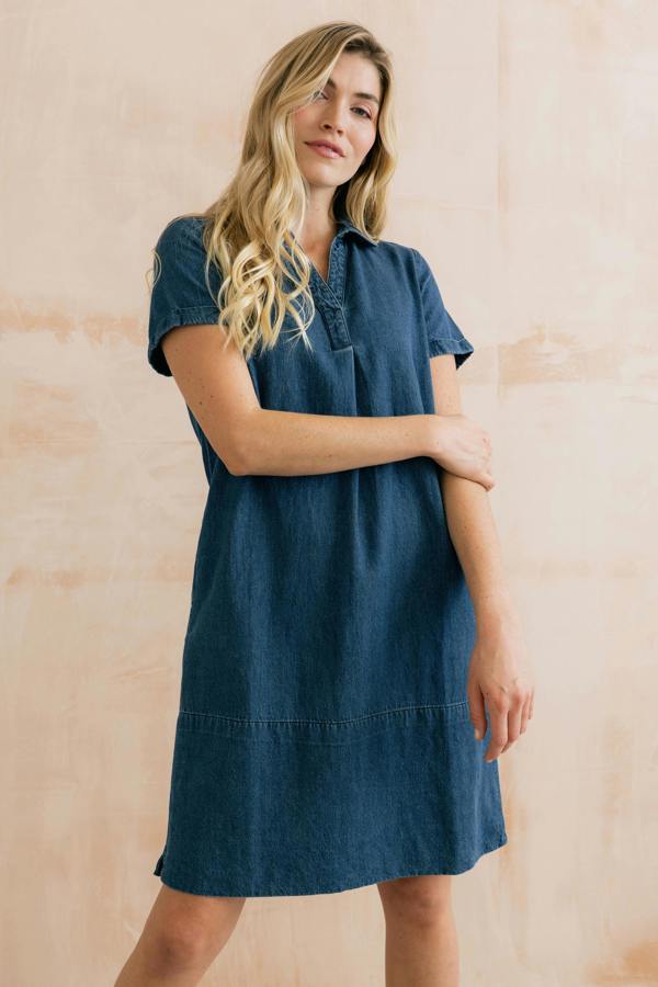 Lily & Me Lavender Short Sleeve Collared V-Neck Denim Dress