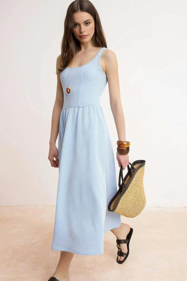 WOVCOR Striped Thick Straps Sleeveless Textured Knit Dress