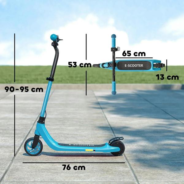 Blue foldable kids electric scooter with adjustable stem and wide anti-slip deck