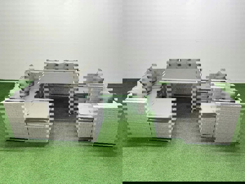 Fimous 11 Seater Wicker PE Rattan Furniture Outdoor Dining Table 3 Seater Sofa Armchair Set with 3 Stools Light Grey