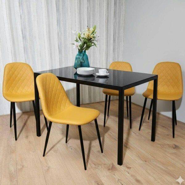 Kosy Koala Modern Black Glass Dining Table Set with 4 Mustard Gem Pattern Chairs Dining Room Furniture