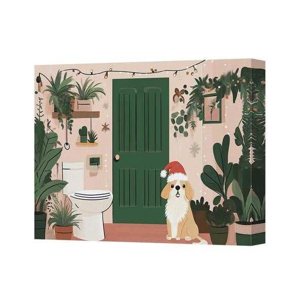 Benjamin Tate Design Christmas Canvas Art Dog With Santa Hat By Green Door And Plants