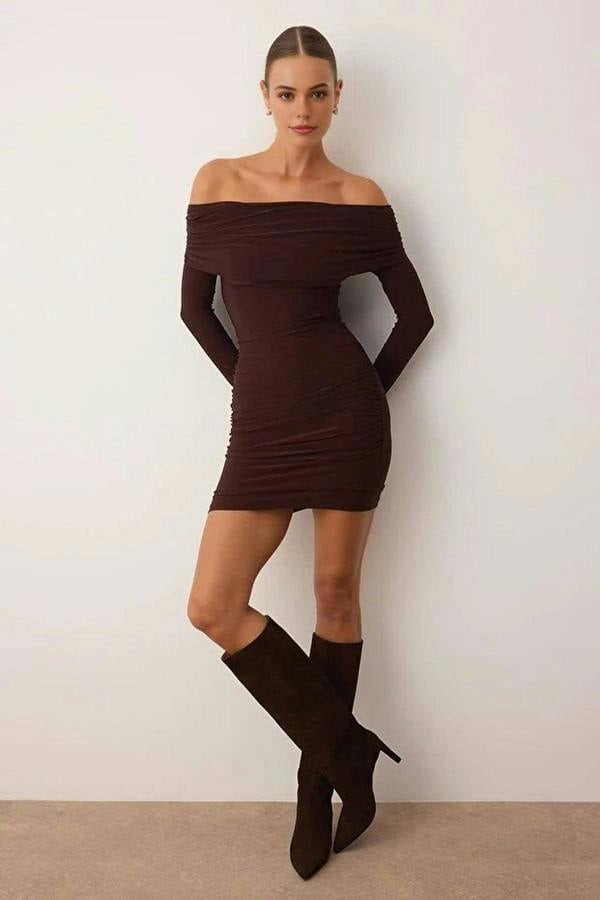 WOVCOR Carmen Collar Bodycone Ribbed Mini Knit Dress