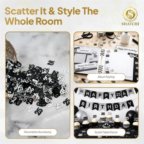 25th Birthday Metallic Confetti Table Decoration Set in Black and Silver, Party Pack Options image 6