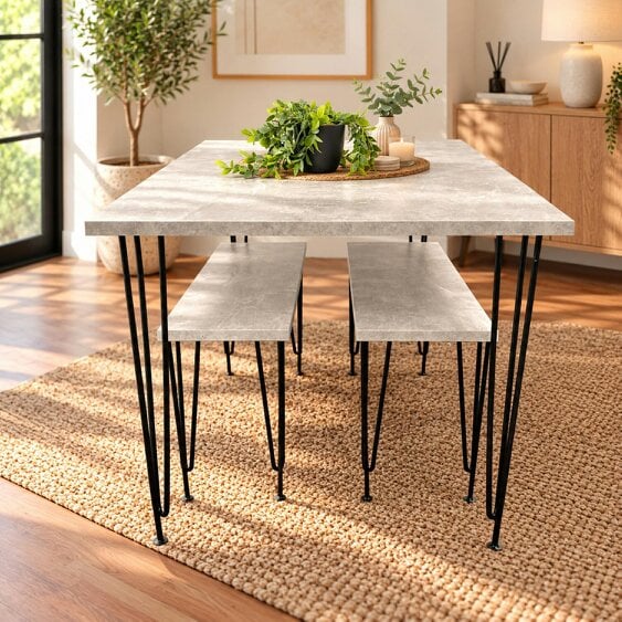 Kosy Koala Modern Grey Dining Table with 2 Benches Dining Room Furniture