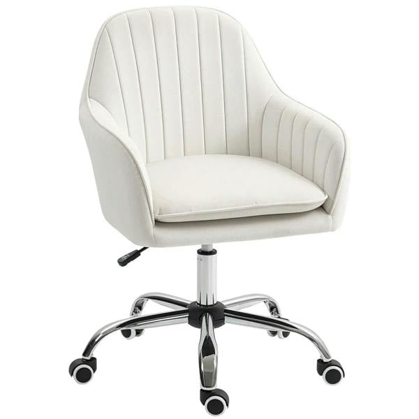 Cream white velvet-feel office chair with curved arms, padded seat, and rolling caster base
