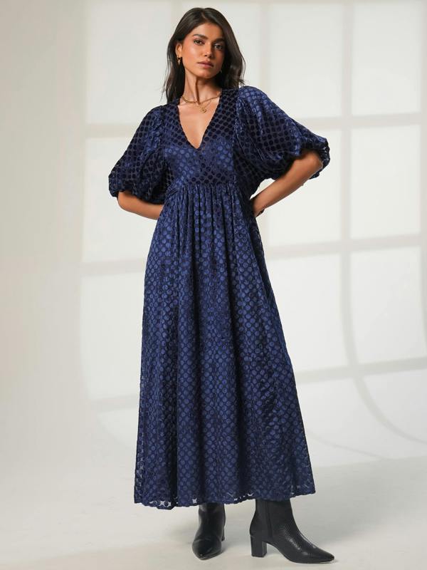 Rose & Nancy Margot Navy Velvet Polka Dot Maxi Dress