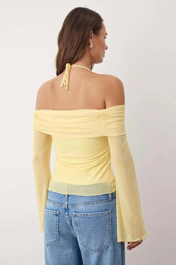 Hoxton Gal Off-Shoulder Knit Blouse with Tie Detail and Flared Sleeves