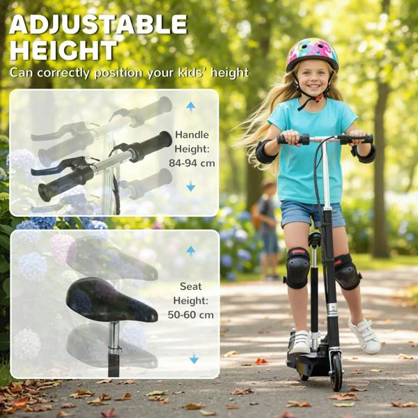 Adjustable-height black powered scooter with padded seat and handlebar grips