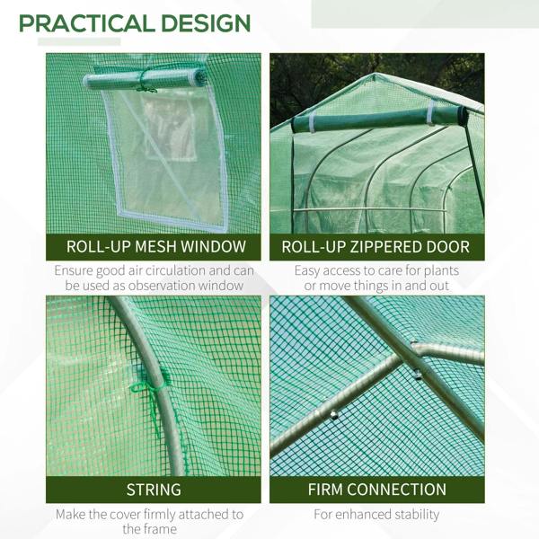 Green greenhouse cover with roll-up mesh window and zippered door