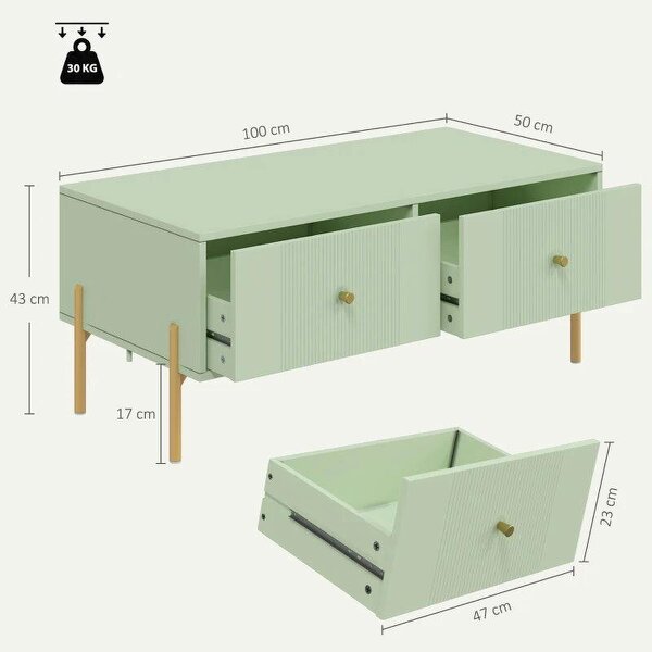 Modern Coffee Table, Living Room Table with Storage, 2 Drawers and Metal legs for Bedroom, Light Green