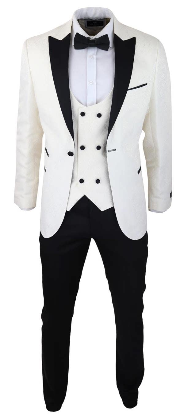 TruClothing Mens Beige Tuxedo Blazer Waistcoat Brocade Ivory Satin Paisley Dinner Jacket
