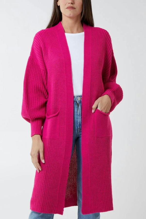 Hoxton Gal Oversized Long Sleeves Midi Knitted Cardigan with Pocket Details in Fuchsia