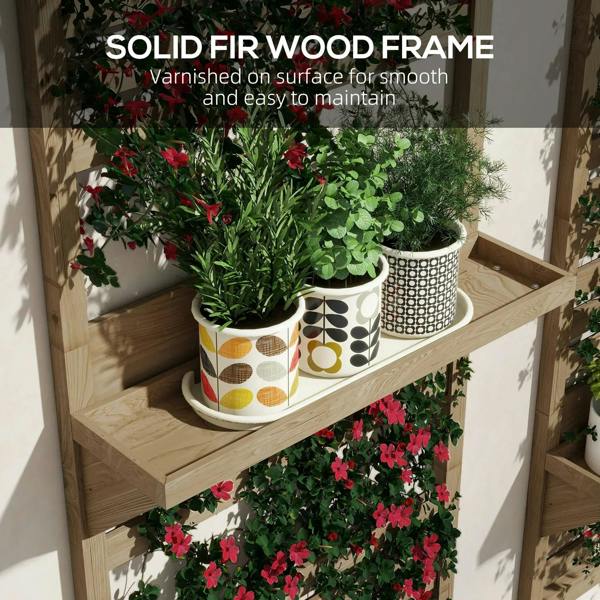 Fir wood wall plant stand with slatted trellis and shelf holding potted plants