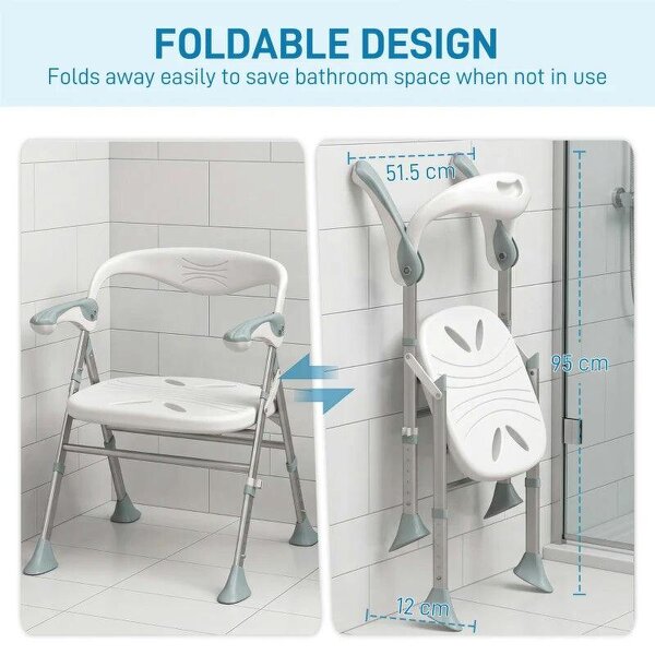 Foldable Shower Chair with Flip-Up Armrests, Shower Stool with Adjustable Height, Tool-Free Assembly, 136 kg
